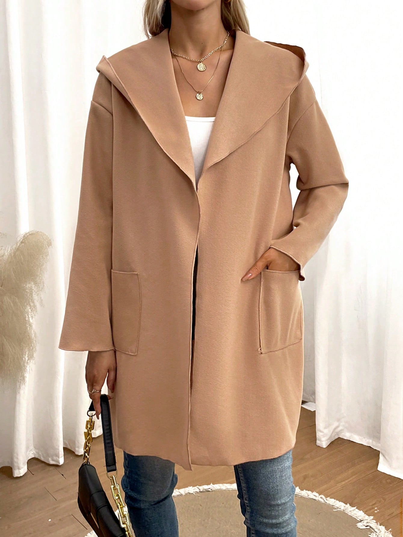 SHEIN Essnce Waterfall Collar Dual Pocket Open Front Overcoat