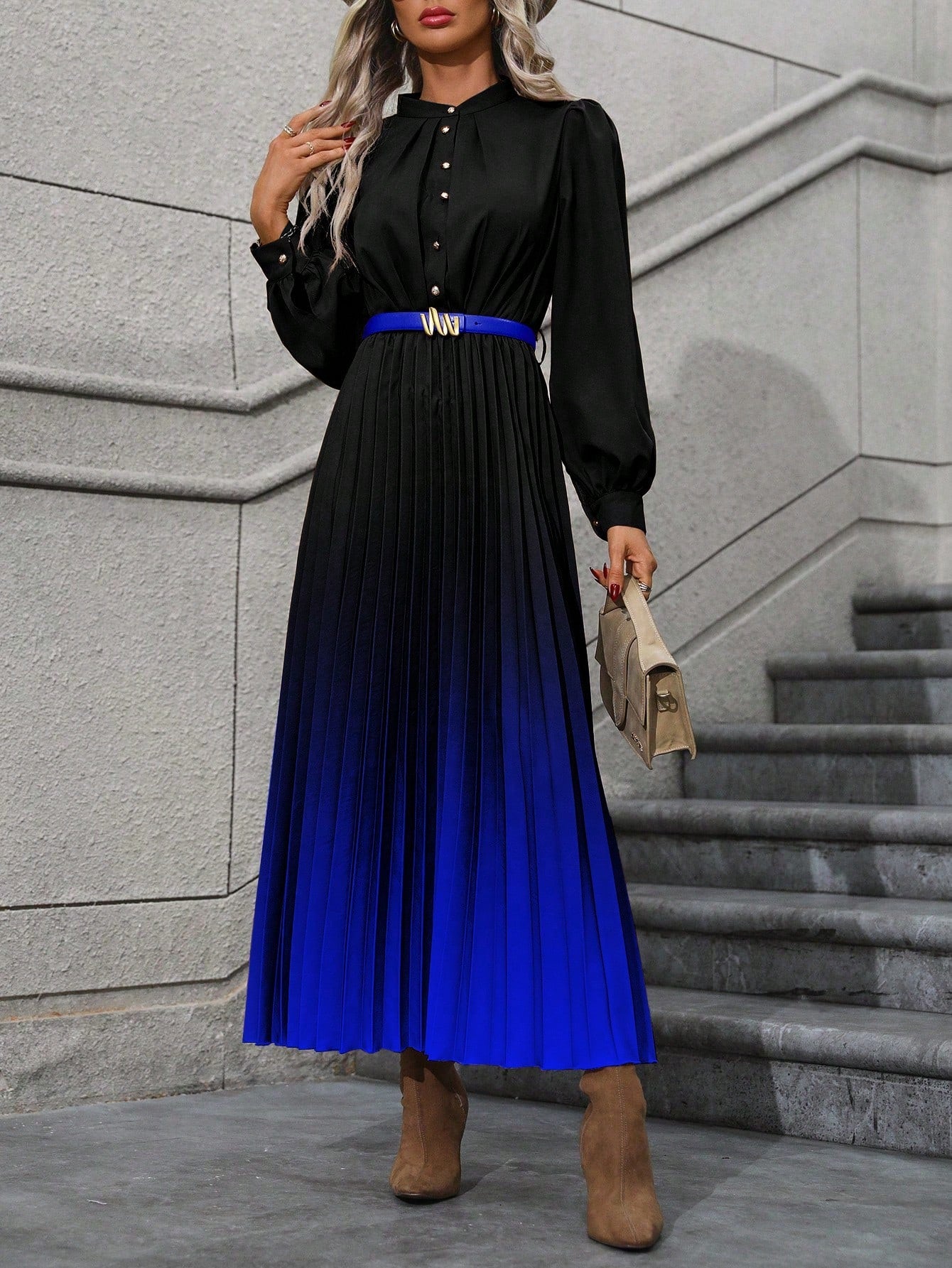 Ombre Pleated Hem Shirt Dress without Belt