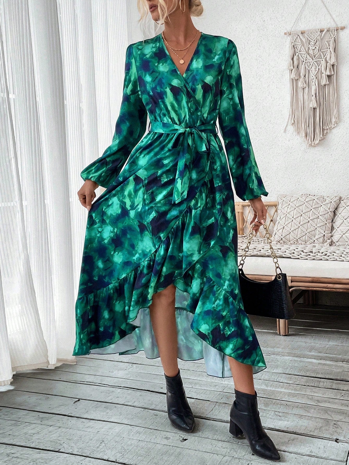 SHEIN Essnce Tie-Dye Ruffle Edge Lantern Sleeve Dress
