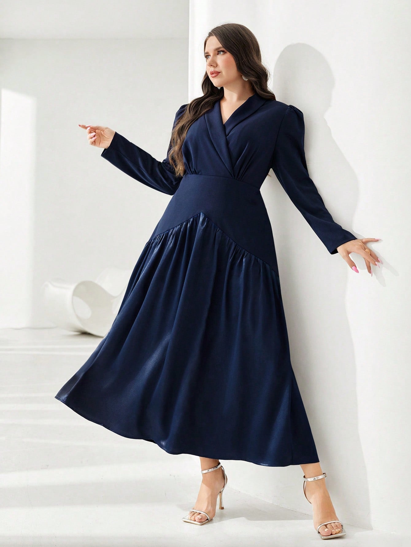 SHEIN Modely plus Shawl Collar Puff Sleeve Flare Hem Dress