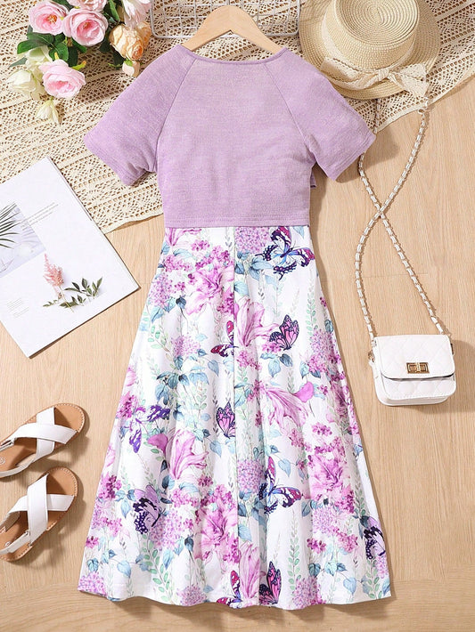 SHEIN Kids SUNSHNE Girls Floral & Butterfly Print Surplice Neck 2 in 1 Dress