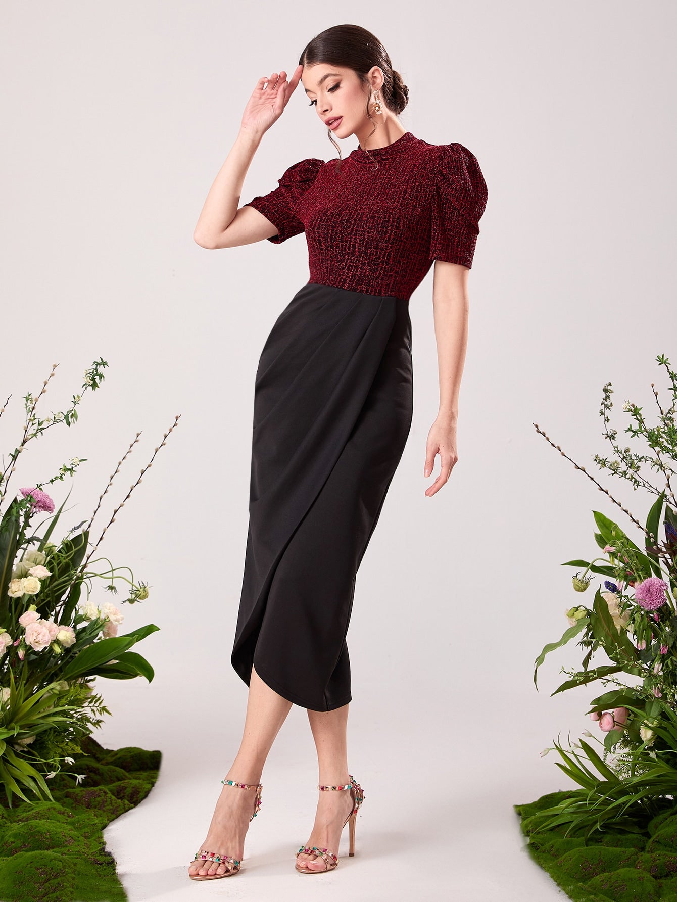 SHEIN Modely Puff Sleeve Wrap Hem Glitter Dress