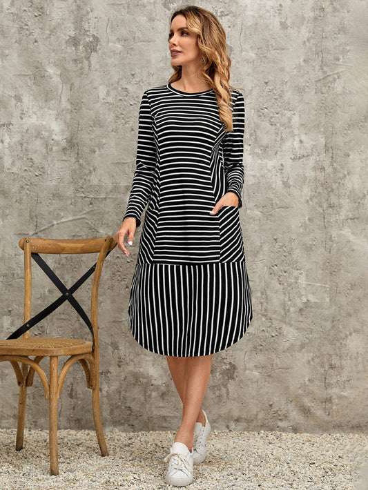 EMERY ROSE Striped Print Slant Pocket Curved Hem Dress