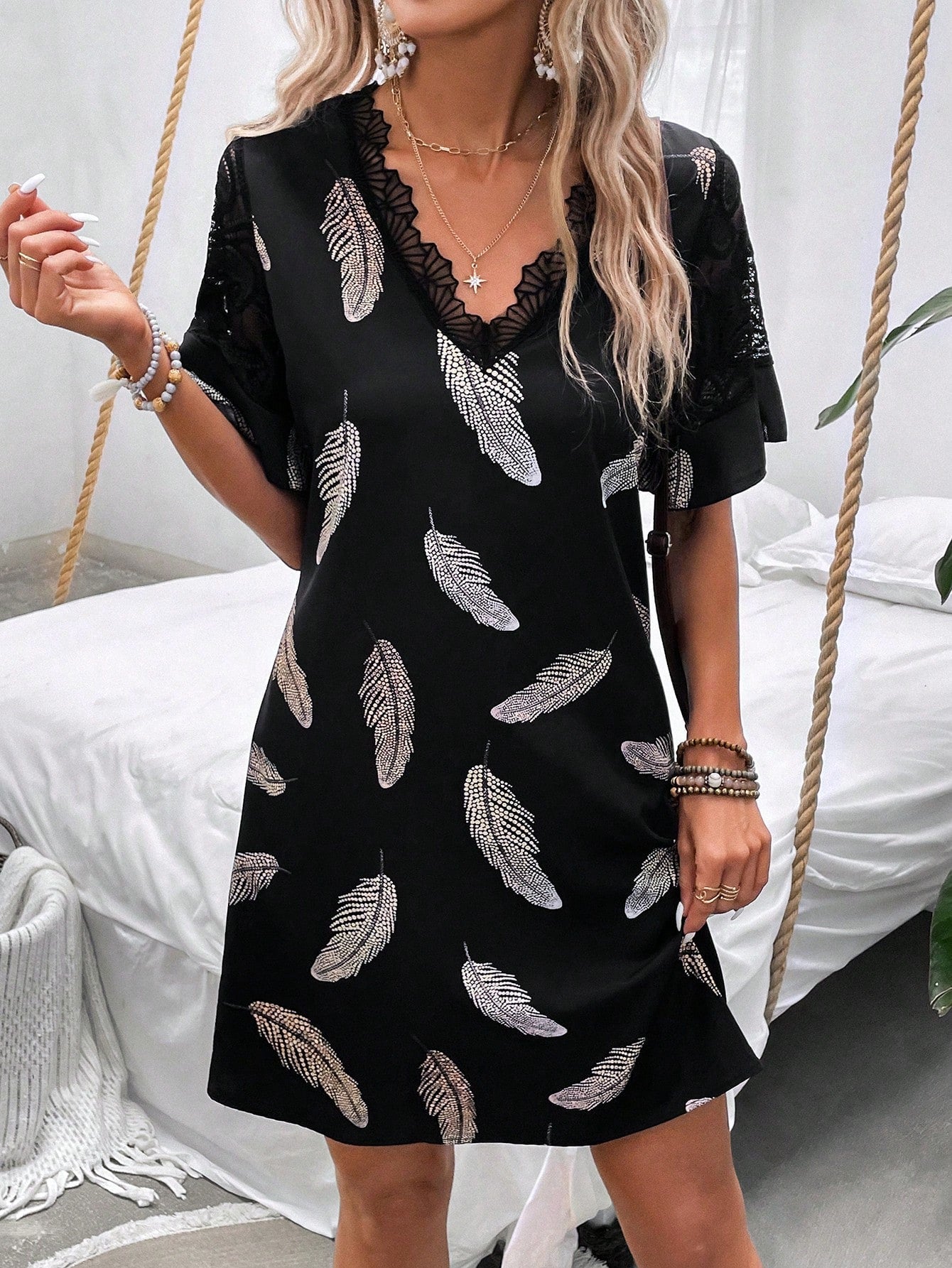Feather Print Lace Trim Dress