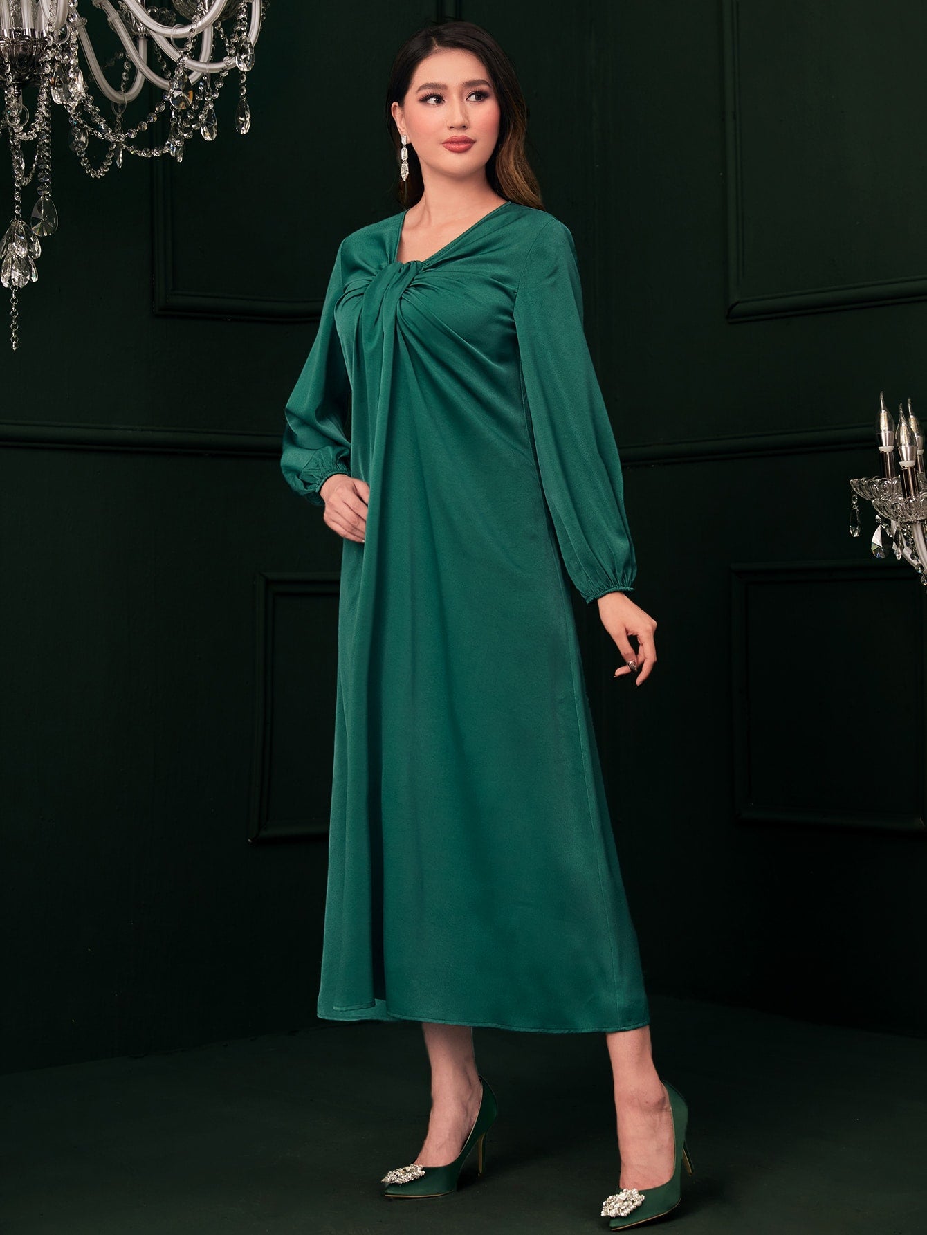 SHEIN Modely Ruched Lantern Sleeve Dress