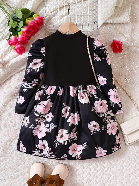 Young Girl Floral Print Mock Neck Puff Sleeve Dress