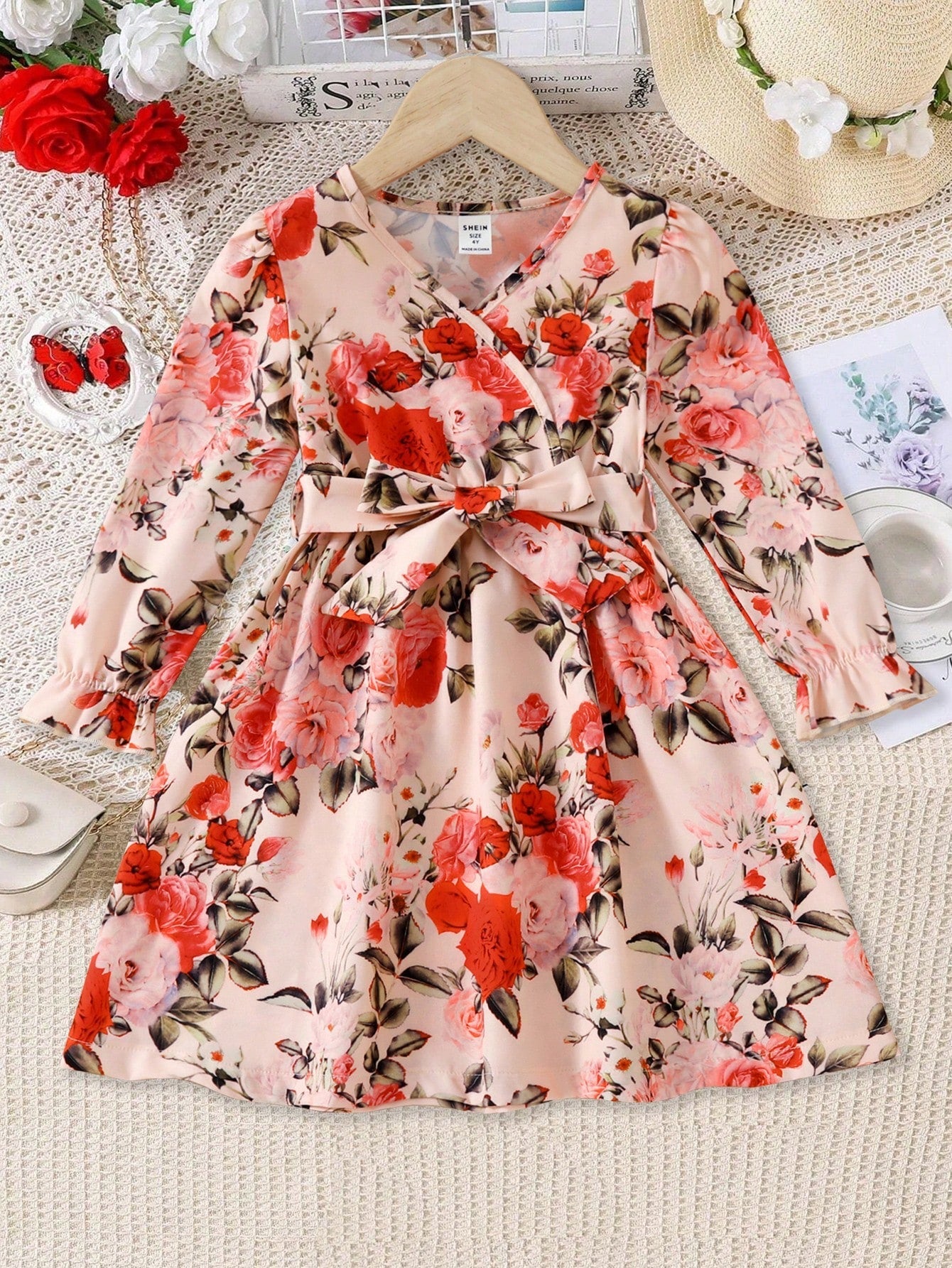 Girls' V-Neck Waist-Cinched Plant & Floral Print Romantic Holiday Style Dress