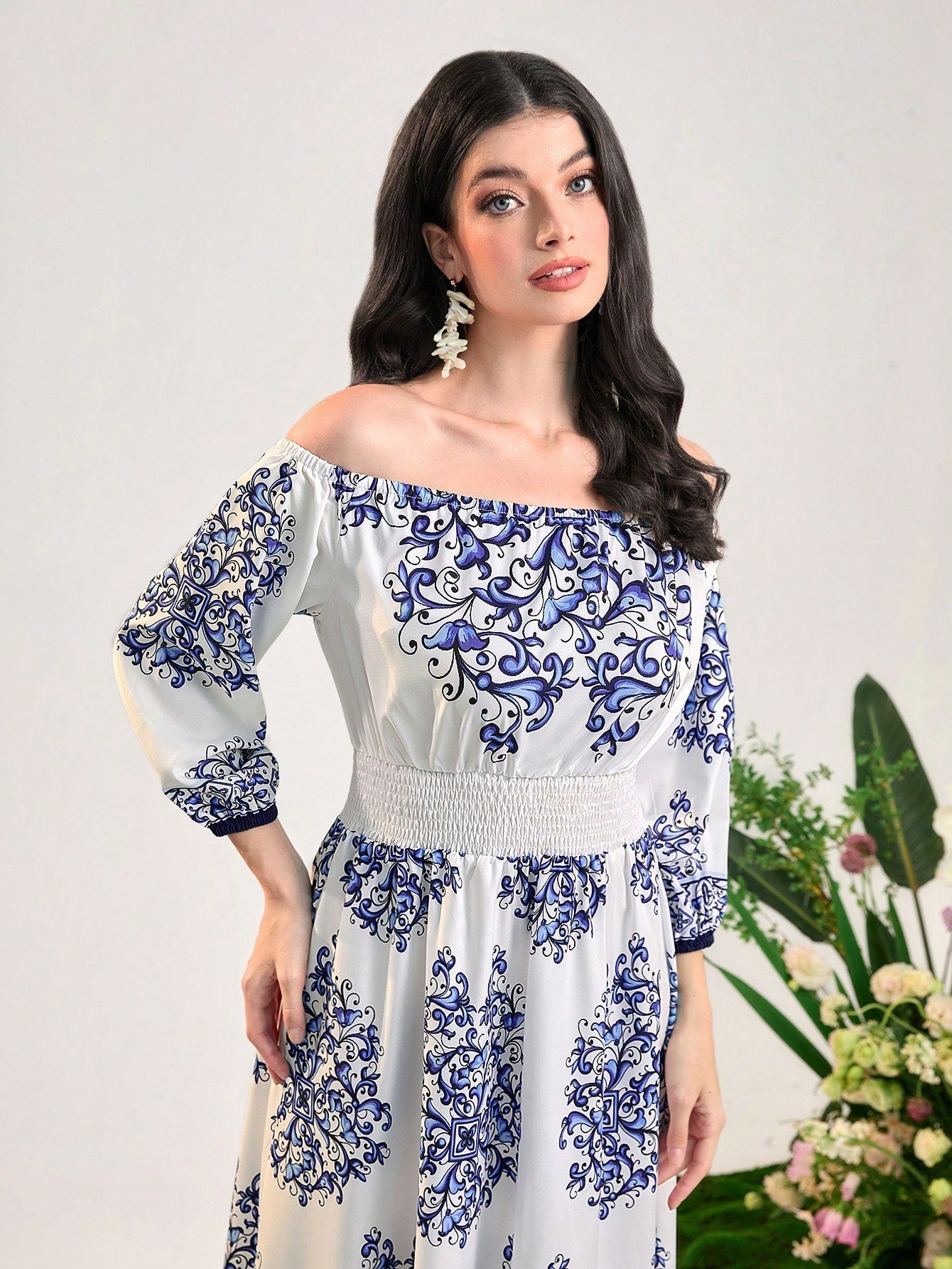 SHEIN Mulvari Floral Print off Shoulder Dress