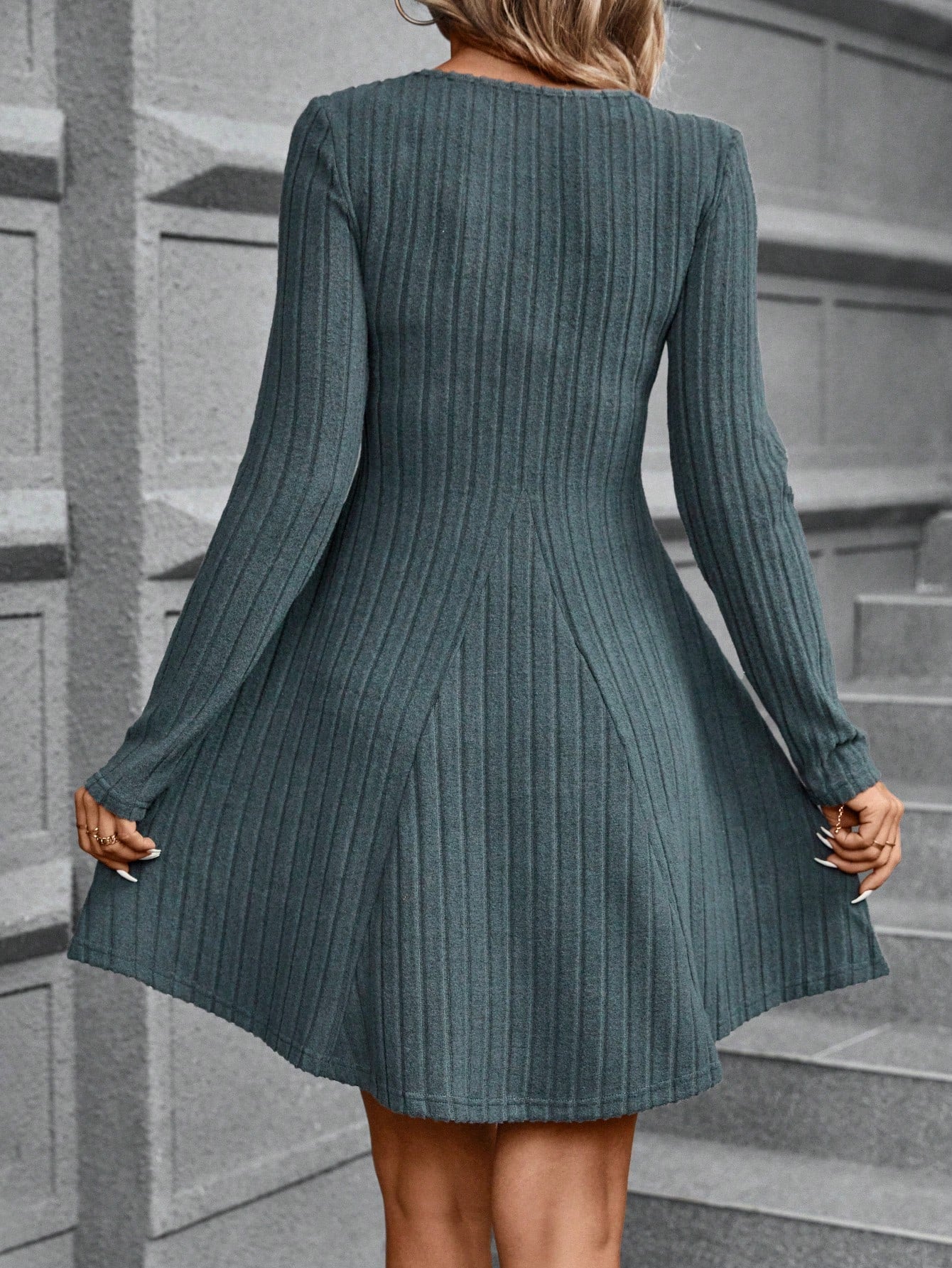 SHEIN Clasi Solid Scoop Neck Ribbed Knit A-Line Dress