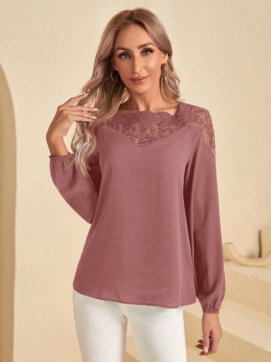 EMERY ROSE Contrast Embroidery Mesh Raglan Sleeve Blouse