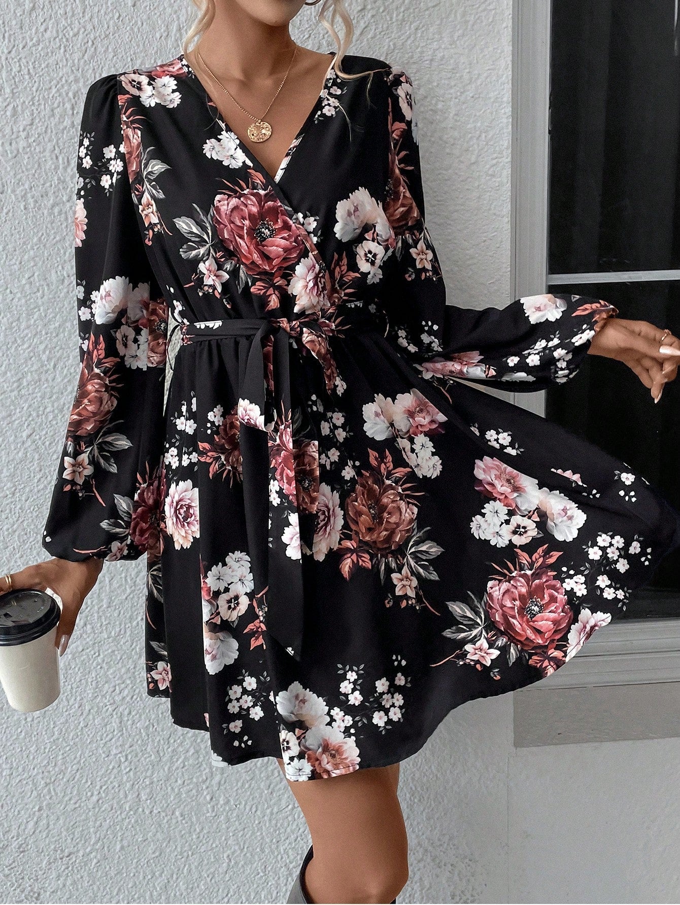 Floral Print Lantern Sleeve Belted Dress