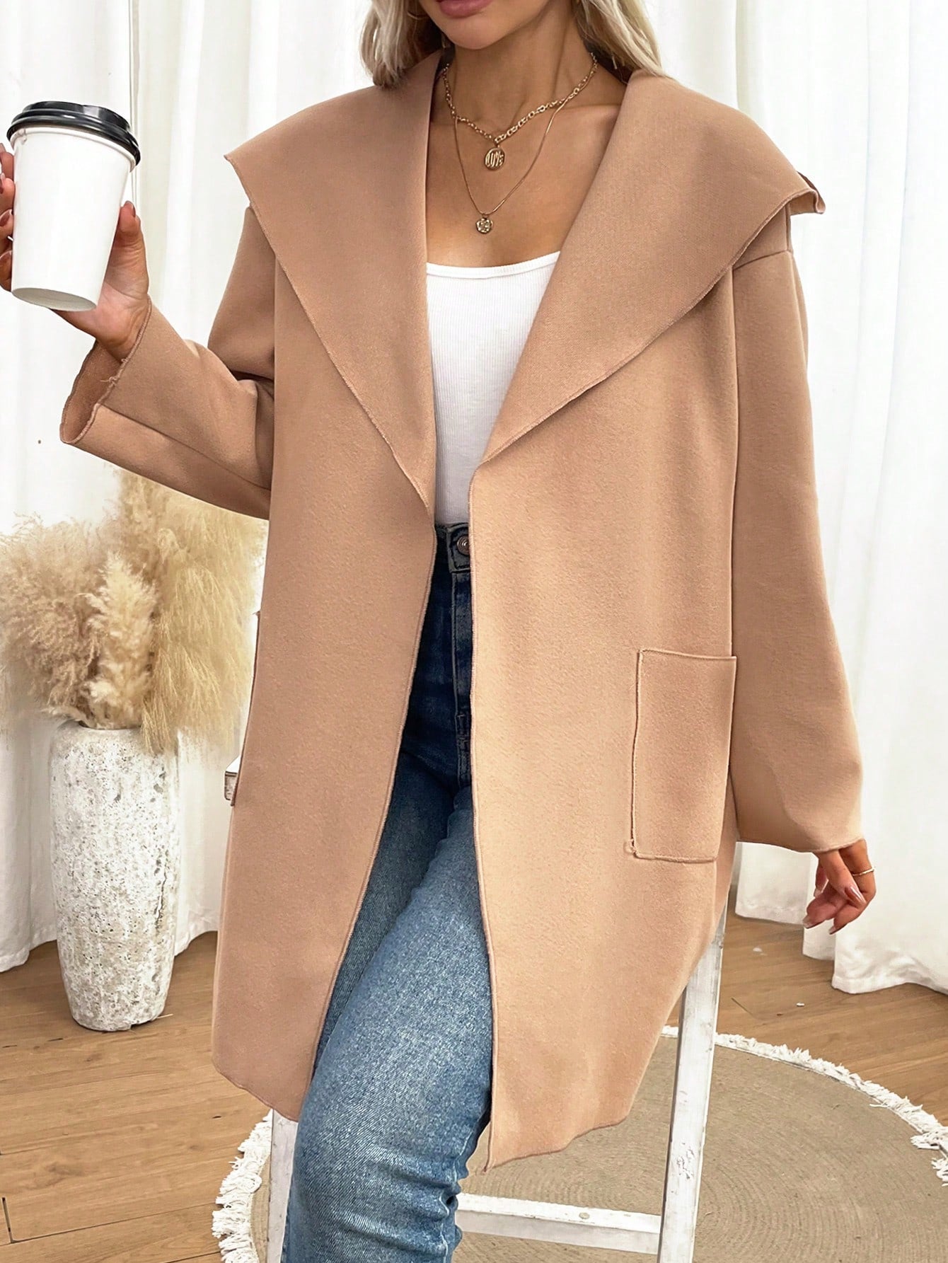 SHEIN Essnce Waterfall Collar Dual Pocket Open Front Overcoat