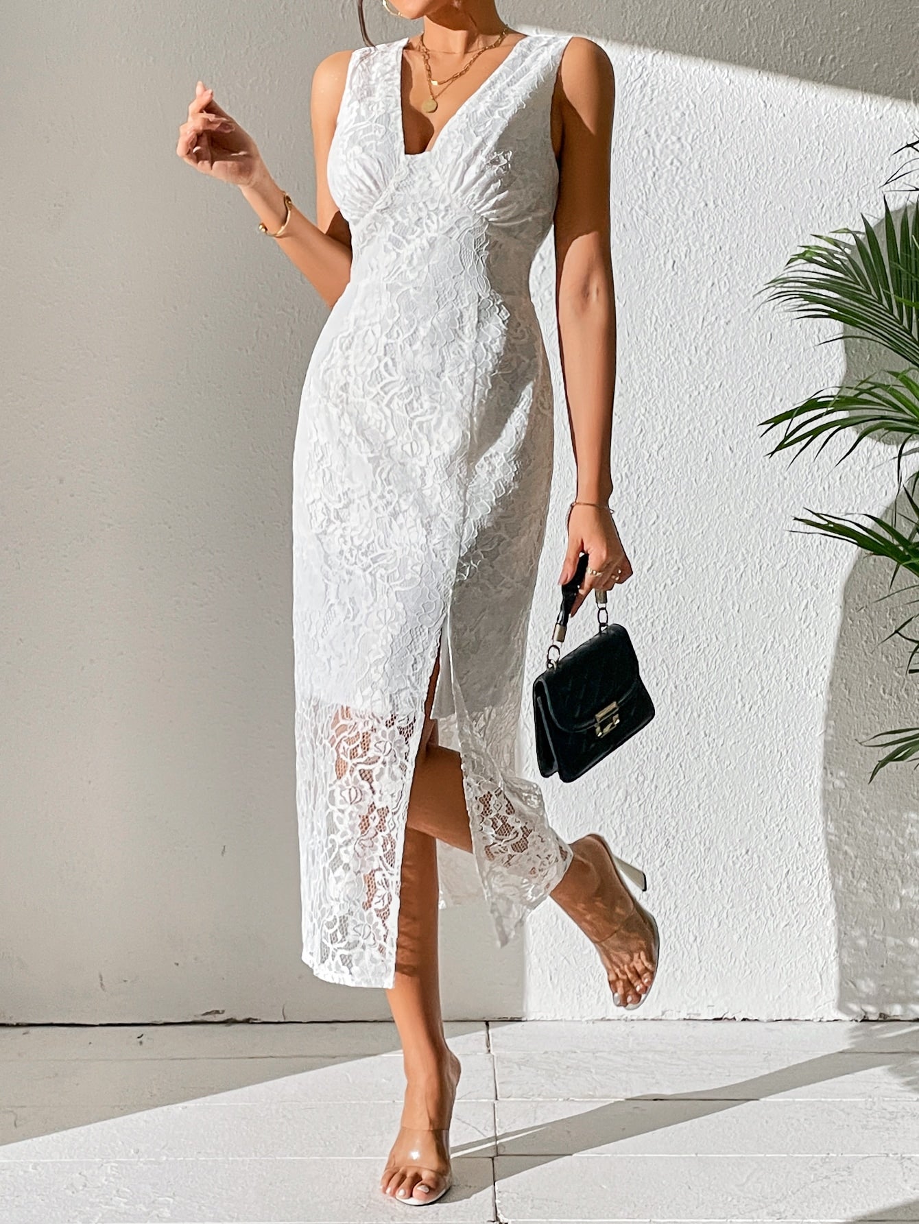 SHEIN Privé Solid Split Thigh Lace Overlay Wedding Dress