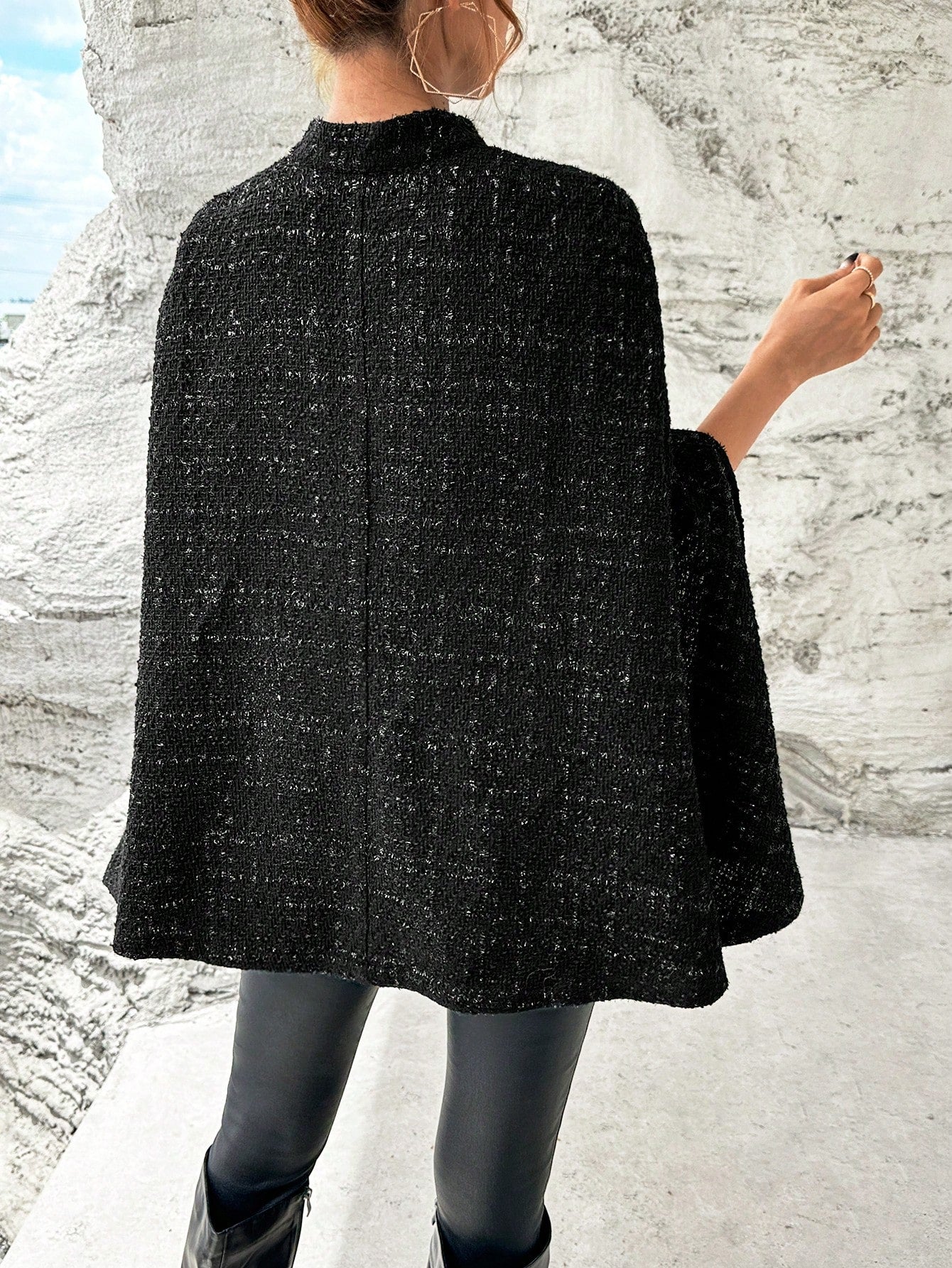 SHEIN Privé Mock Neck Button Detail Cloak Sleeve Glitter Cape Coat