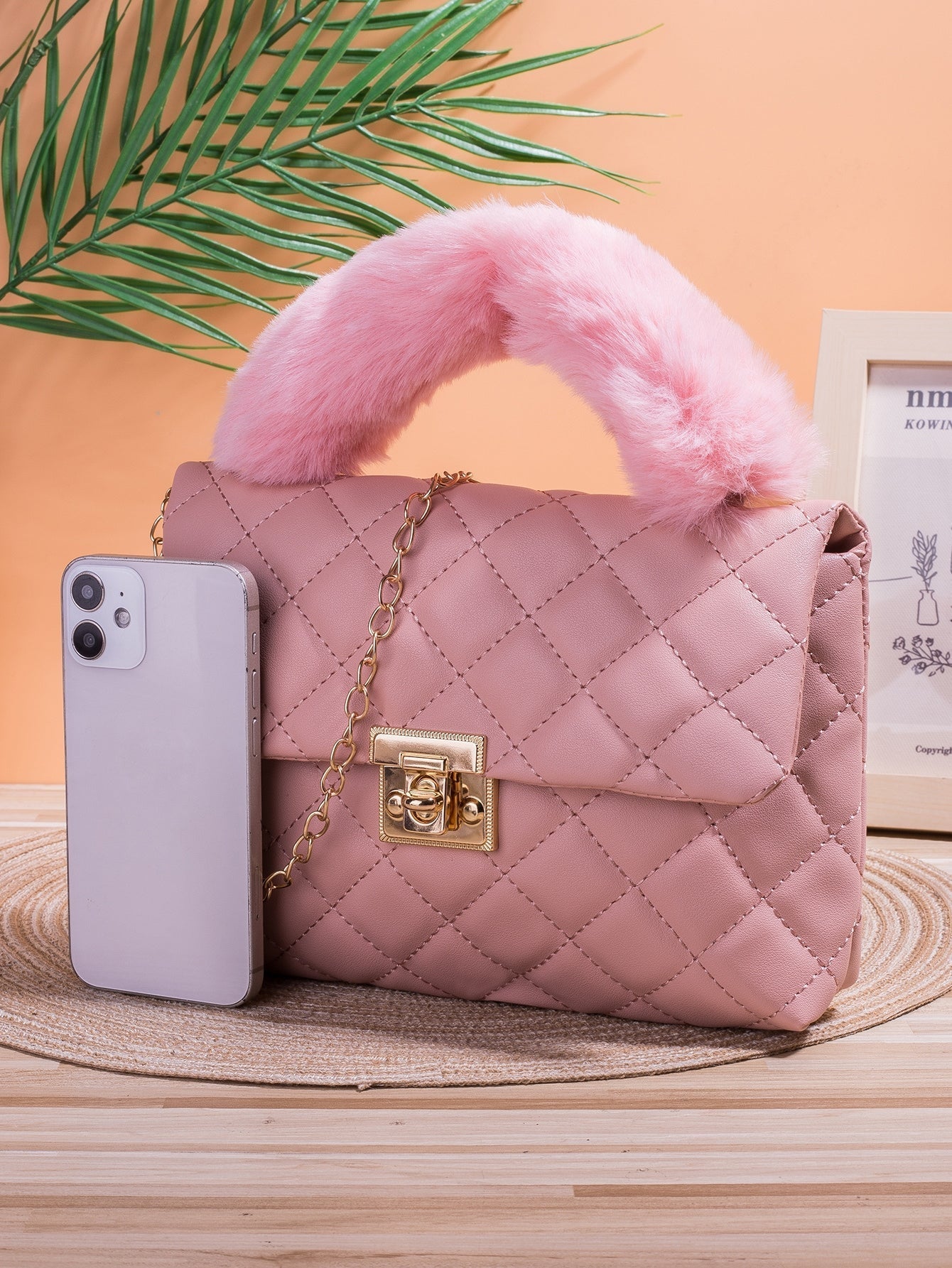 Pink Fur Shoulder Bag Lightweight,Business Casual Quilted Turn-Lock Flap Chain Square Bag for Teen Girls Women College Students,Rookies & White-Collar Workers Perfect for Office,College,Work ,Business,Commute