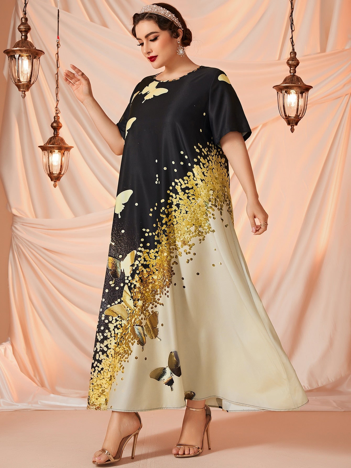 SHEIN Najma plus Gold Butterfly Print Maxi Tunic Dress