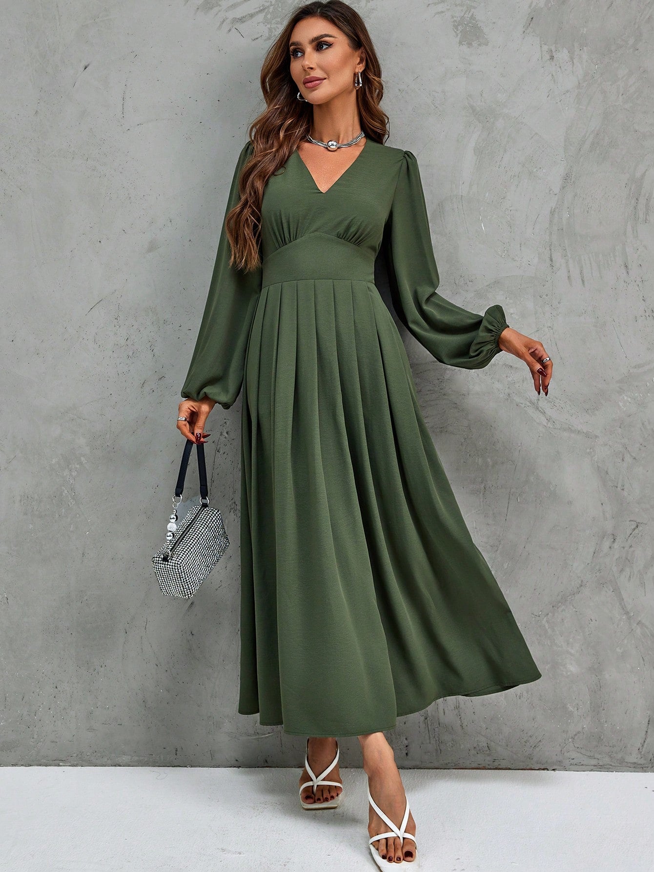 Solid V Neck Lantern Sleeve A-Line Dress