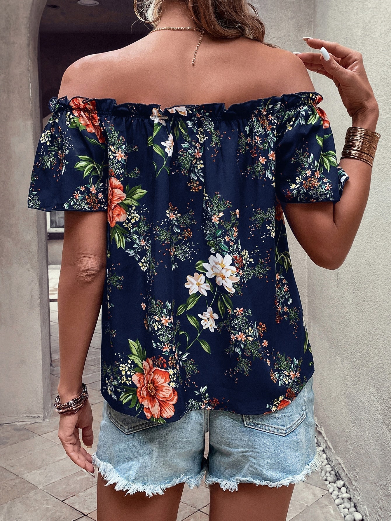 SHEIN VCAY Floral Print off Shoulder Frill Trim Blouse