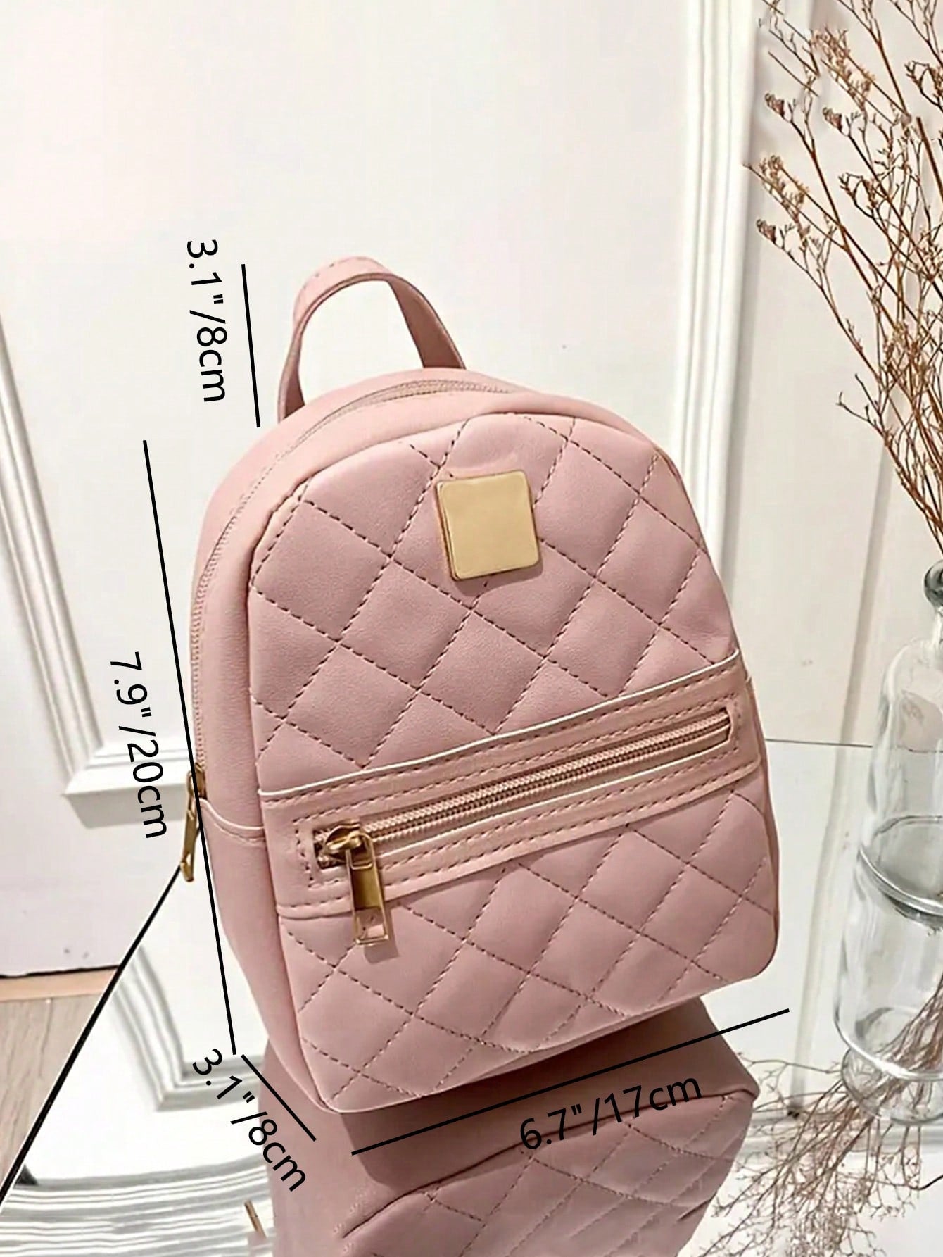Quilted Classic Backpack Baby Pink Metal Decor Adjustable Strap for Daily