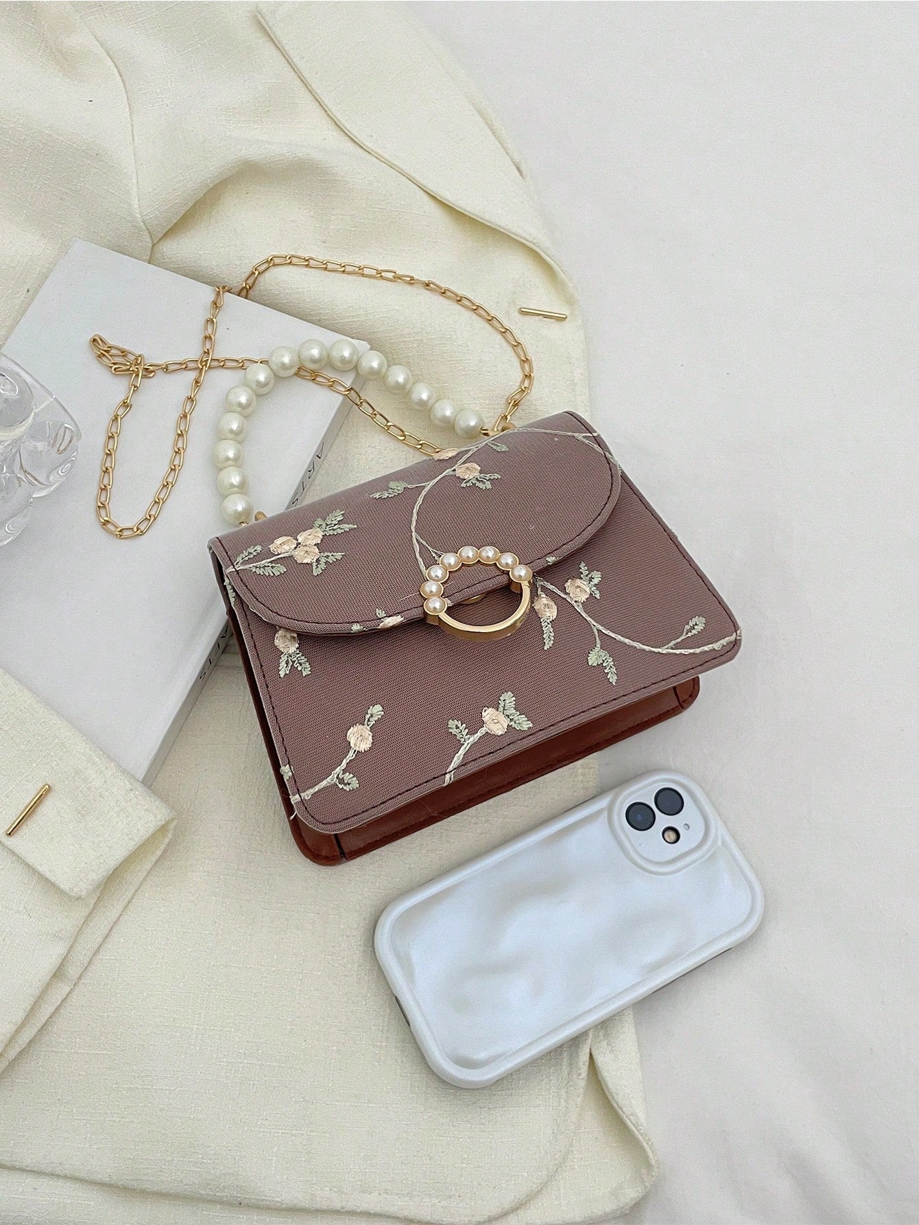 Mini Square Bag Flower Embroidery Faux Pearl Decor Fashionable