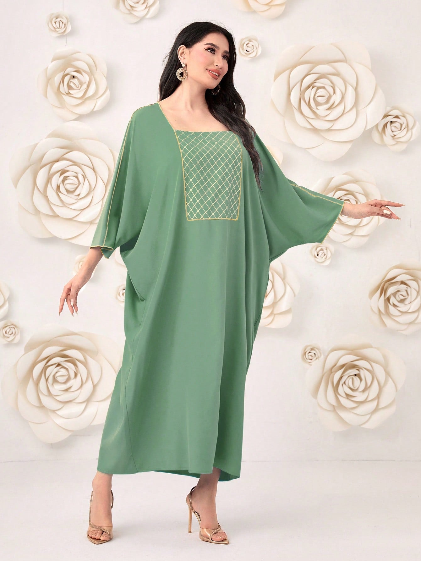 SHEIN Najma Plaid Print Batwing Sleeve Kaftan