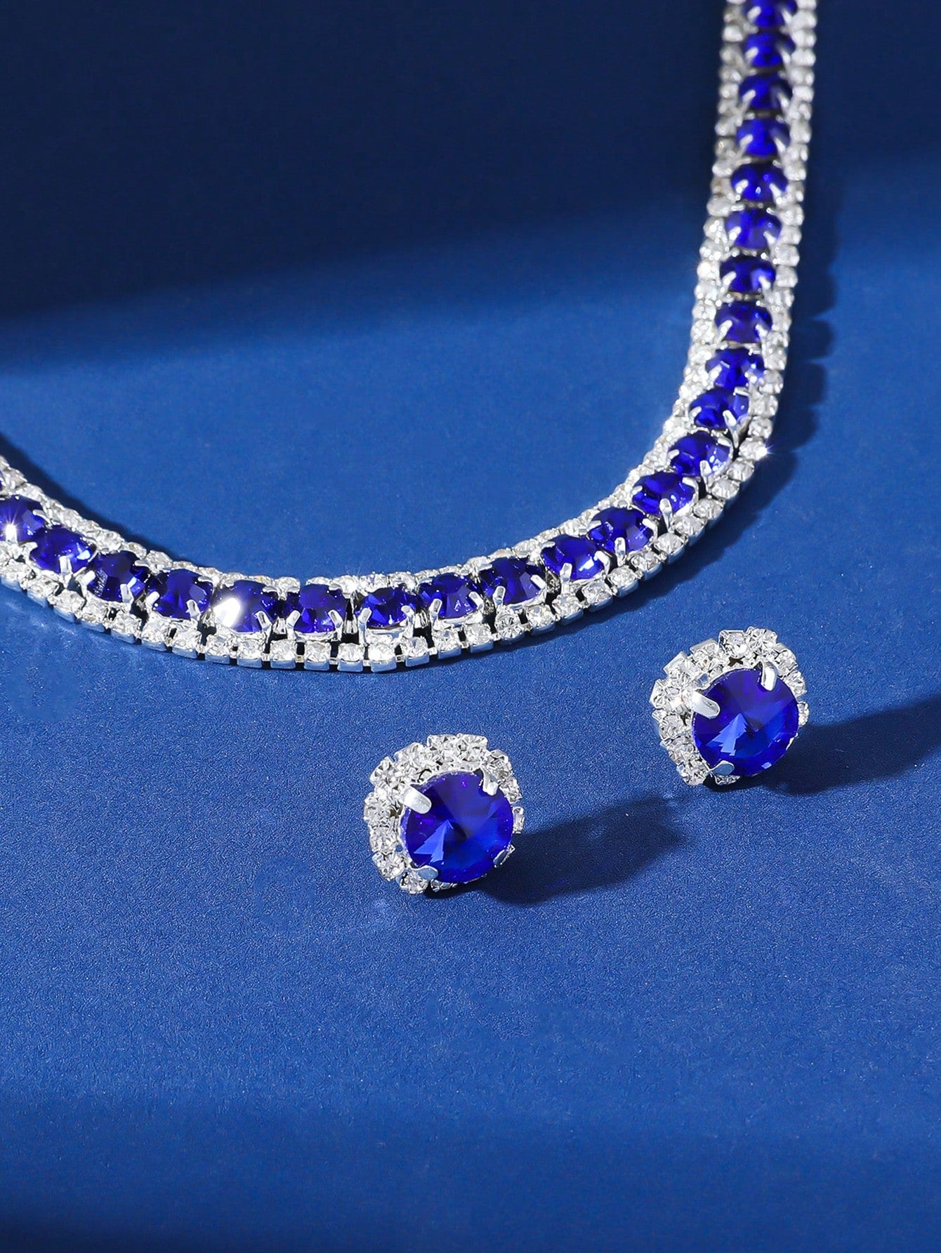 1Pc Blue Crystal Full Rhinestone Necklace & 1Pair Blue Crystal Full Rhinestone Earrings with Silver Base