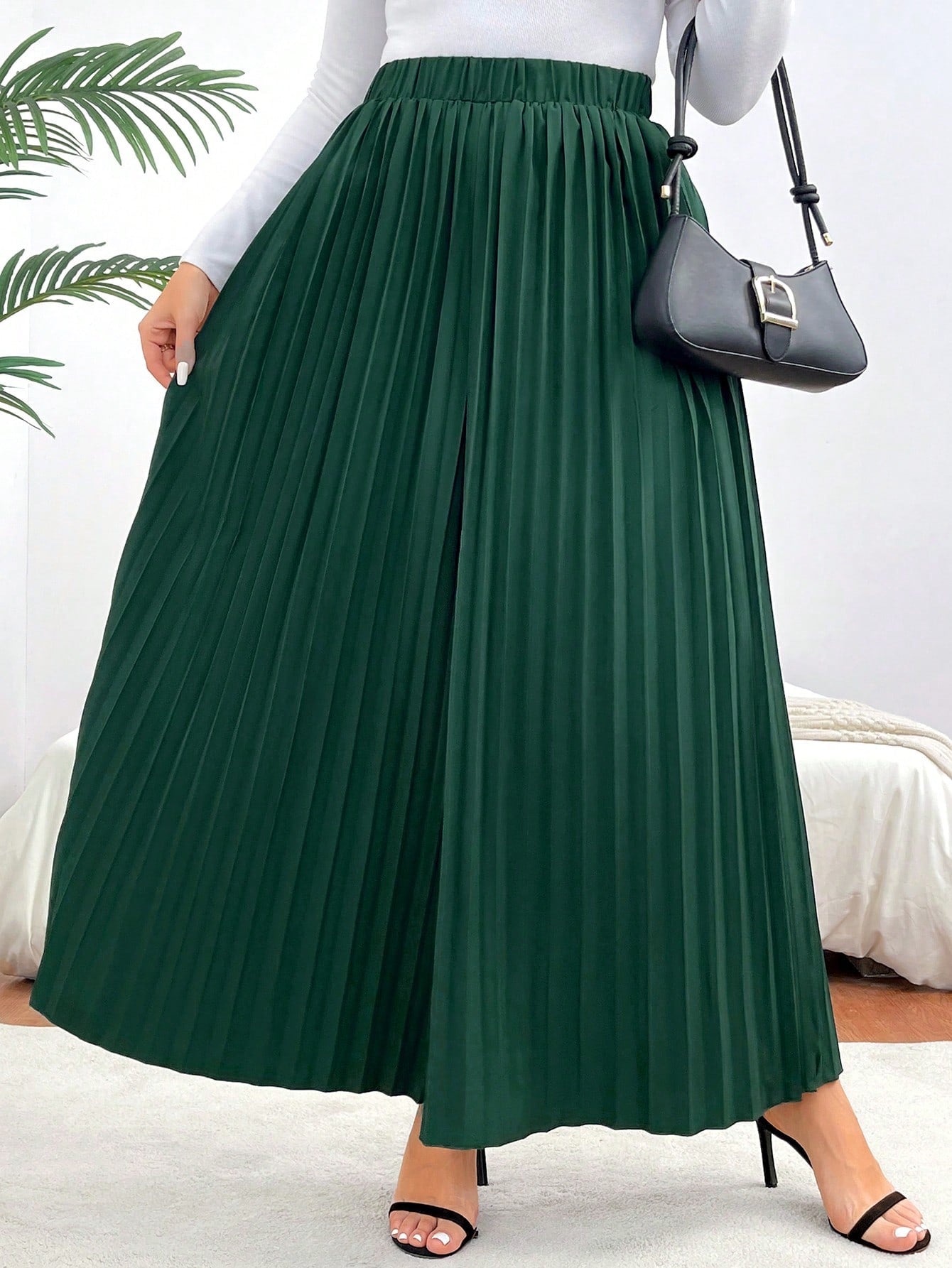 SHEIN Privé plus Size Elastic Waist Puff Pleated Wide Leg Pants