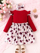 SHEIN Kids Qtfun Little Girl'S Spring and Autumn Daily Casual Vacation Cute Flower Print round Neck Long-Sleeved Dress and Hair Tie