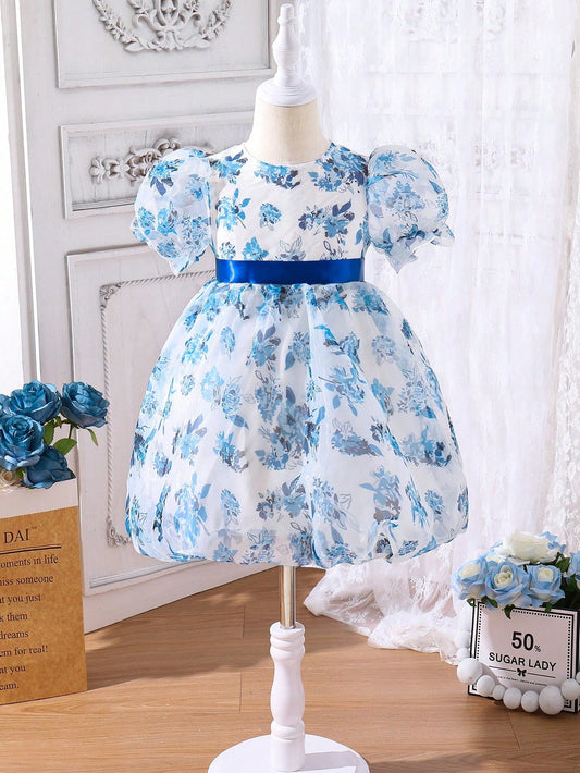 SHEIN Kids CHARMNG Little Girls' Floral Printed Puff Sleeve Dress