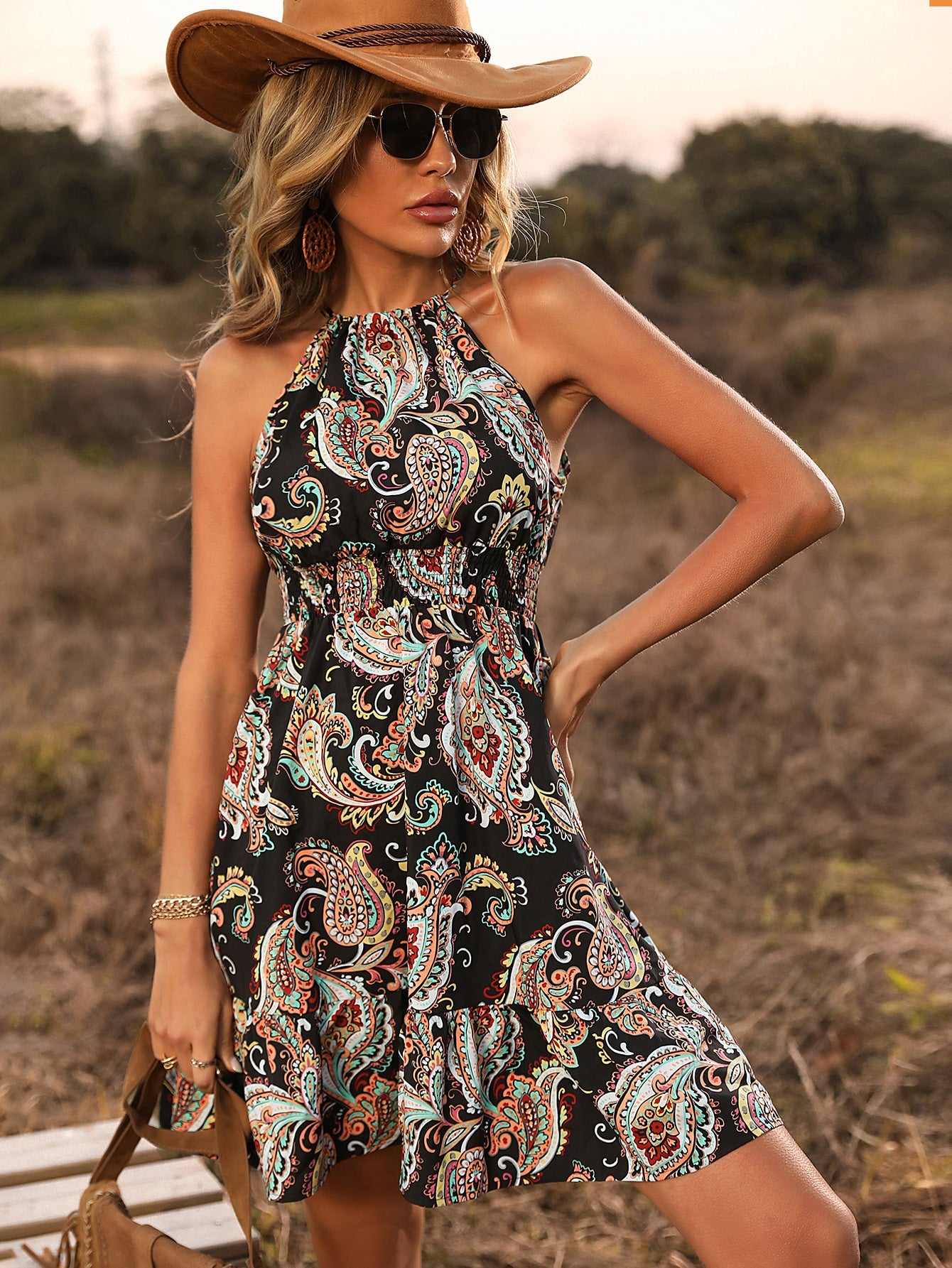 SHEIN VCAY Paisley Print Ruffle Hem Sleeveless Dress