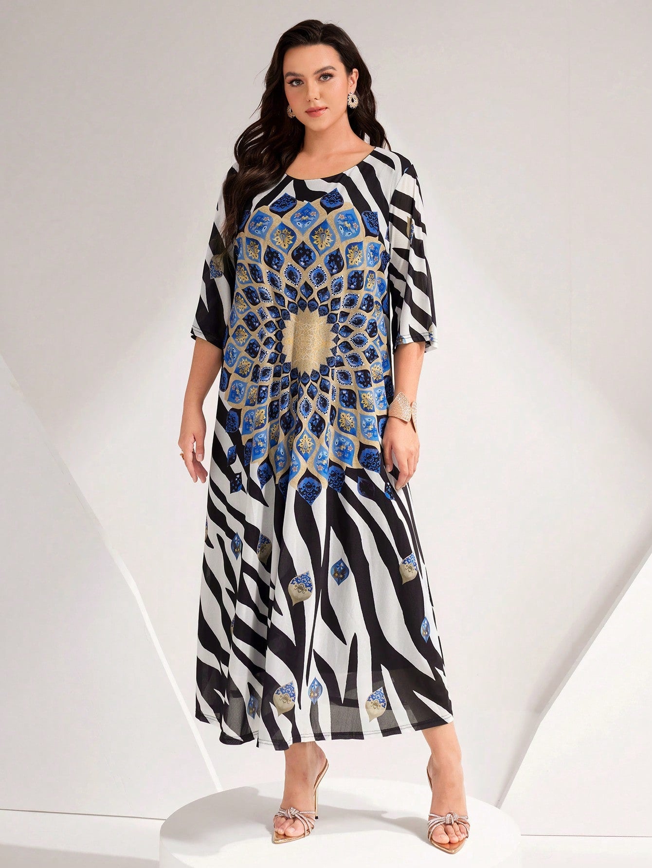 SHEIN Najma plus Zebra Striped & Floral Print Dress