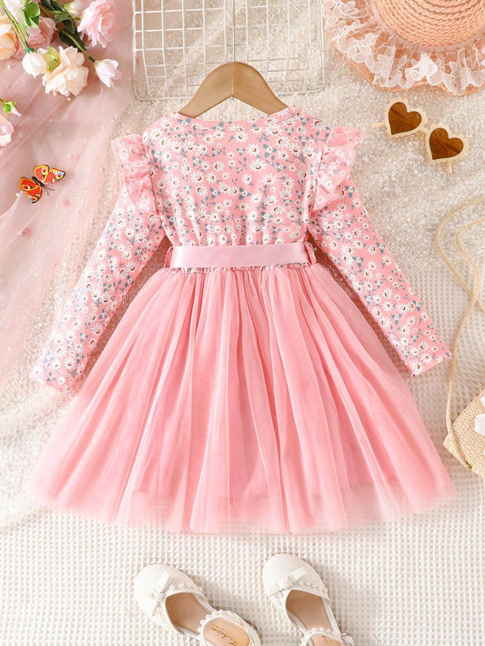 SHEIN Kids SUNSHNE Little Girls' Fashionable Ladylike Style Long Sleeve Printed Mesh Dress for Spring/Autumn