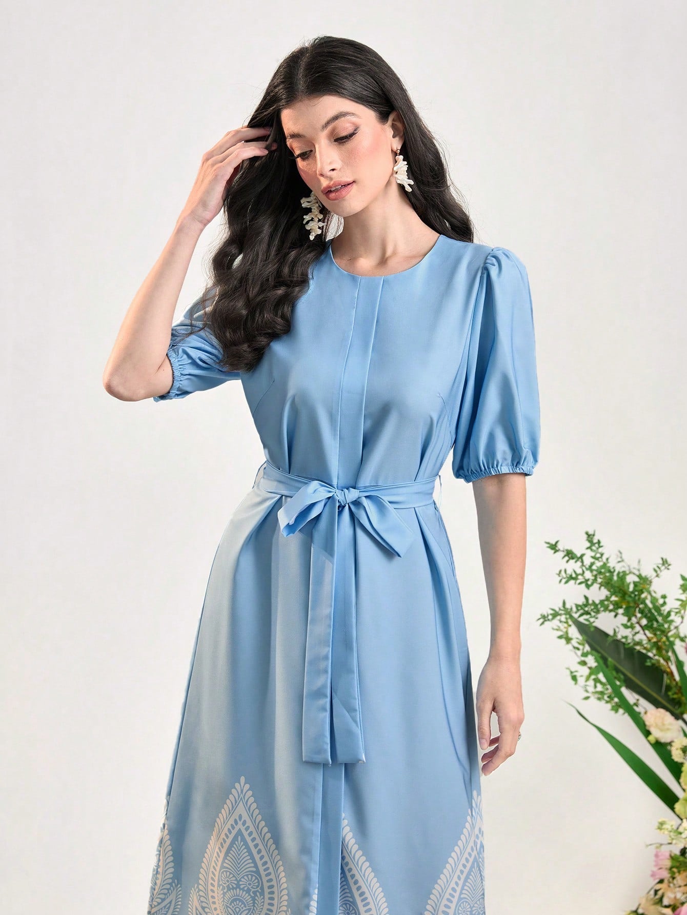 SHEIN Najma Graphic Print Puff Sleeve Belted Dress