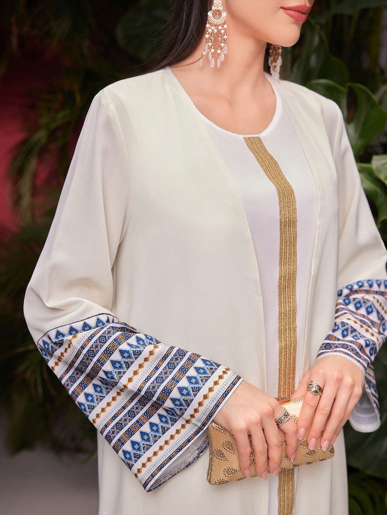 SHEIN Najma Women'S Arabian Abaya with Geometric Pattern and Gold Tape