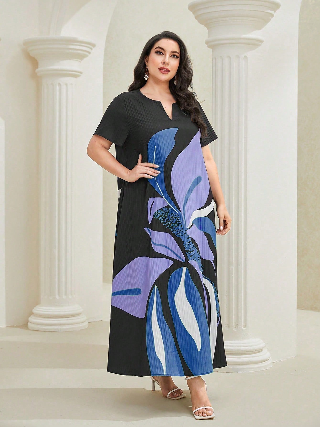 SHEIN Najma plus Floral Print Notched Neckline Dress