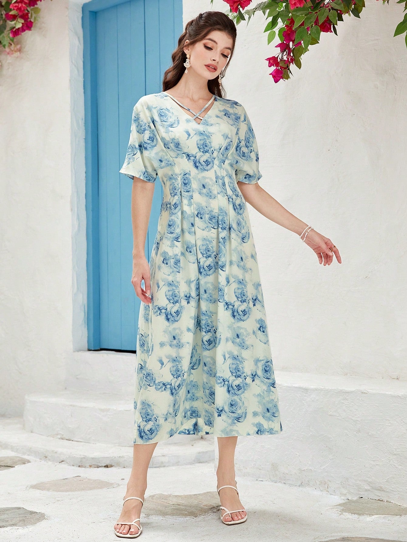 SHEIN Mulvari Floral Print Batwing Sleeve Belted Dress