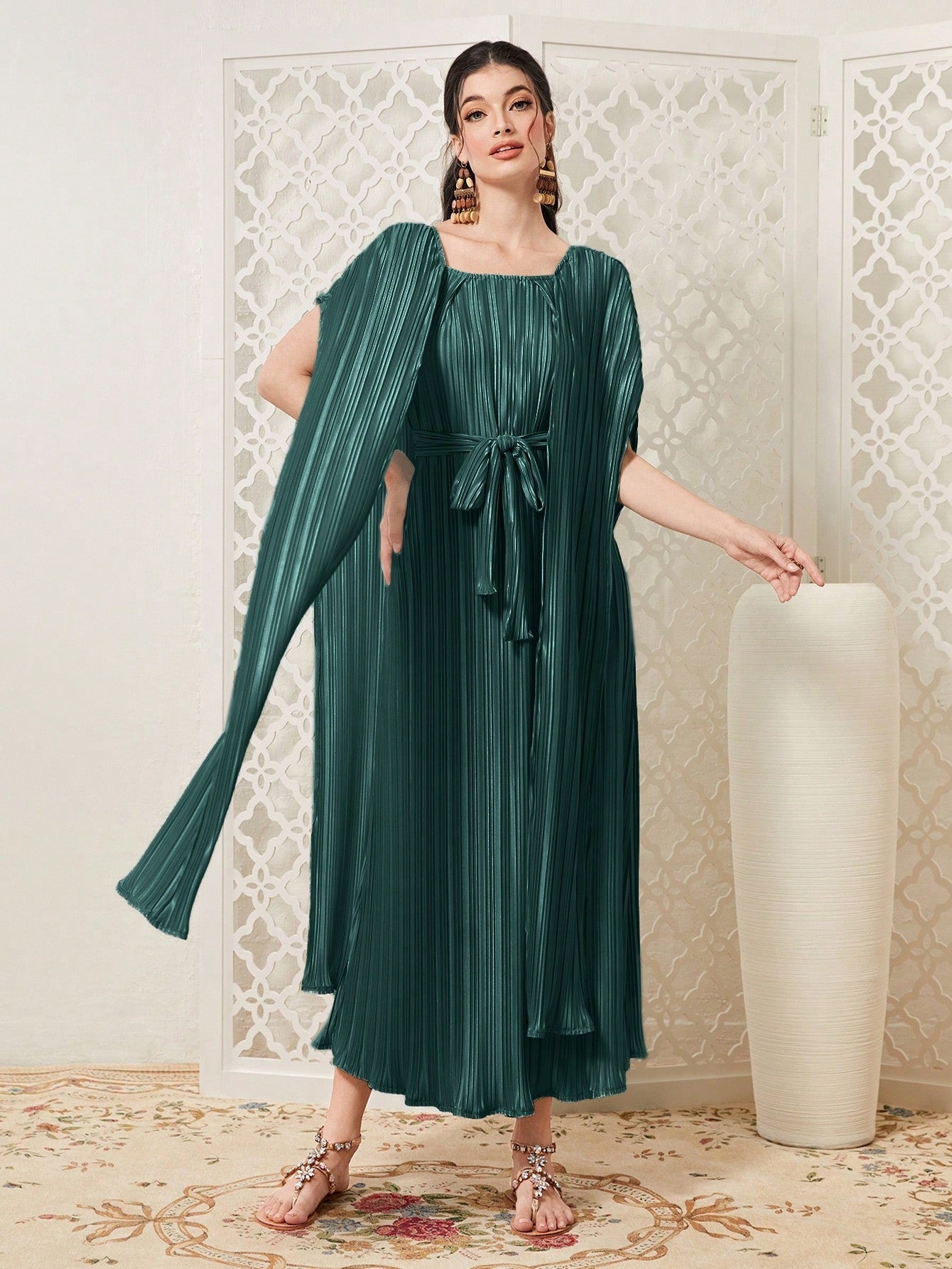 SHEIN Mulvari Solid Square Neck Belted Dress