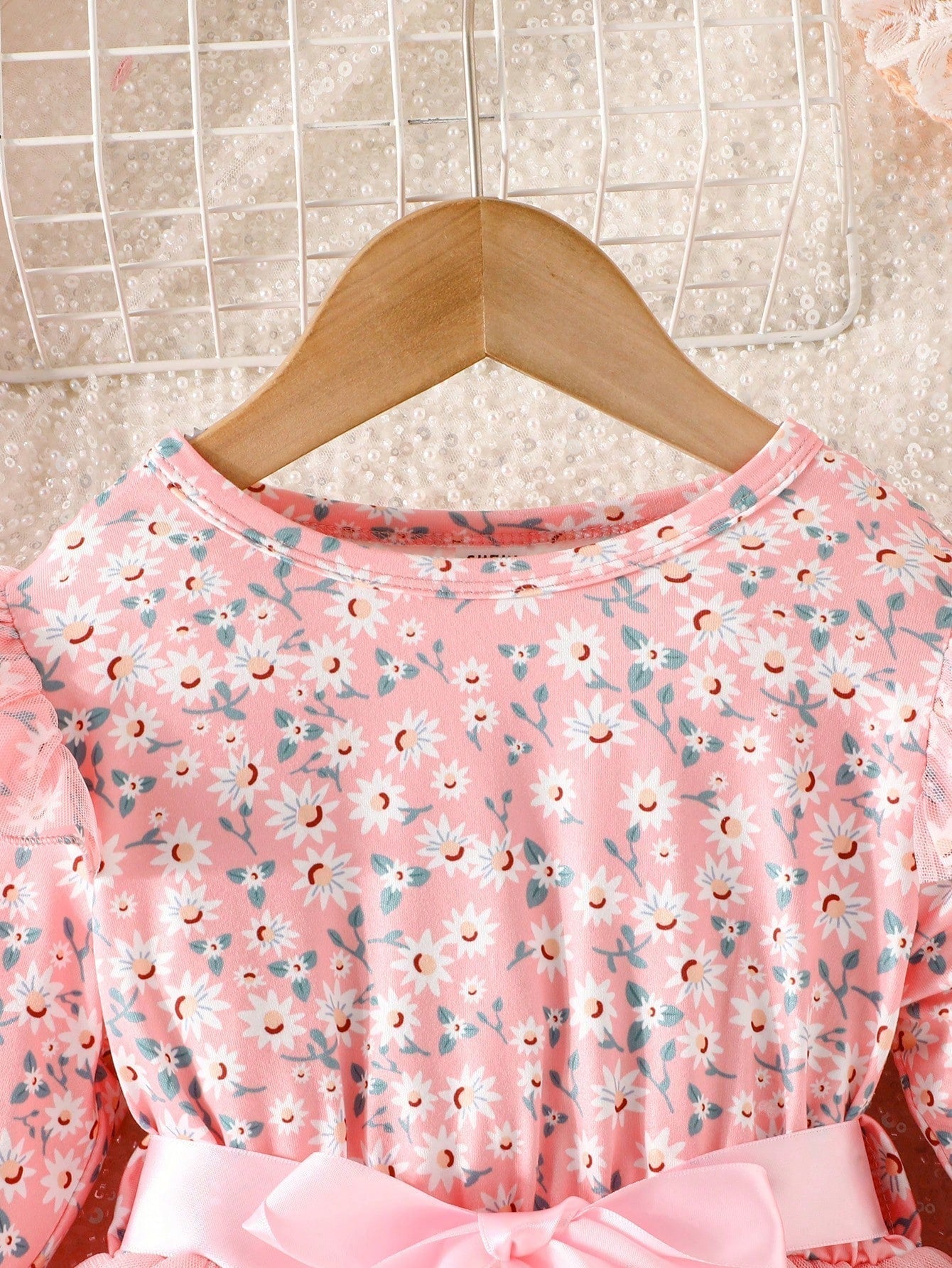 SHEIN Kids SUNSHNE Little Girls' Fashionable Ladylike Style Long Sleeve Printed Mesh Dress for Spring/Autumn