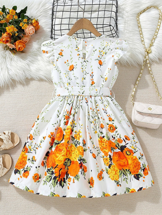 SHEIN Kids Nujoom Young Girl Floral Print Ruffle Trim Belted Dress