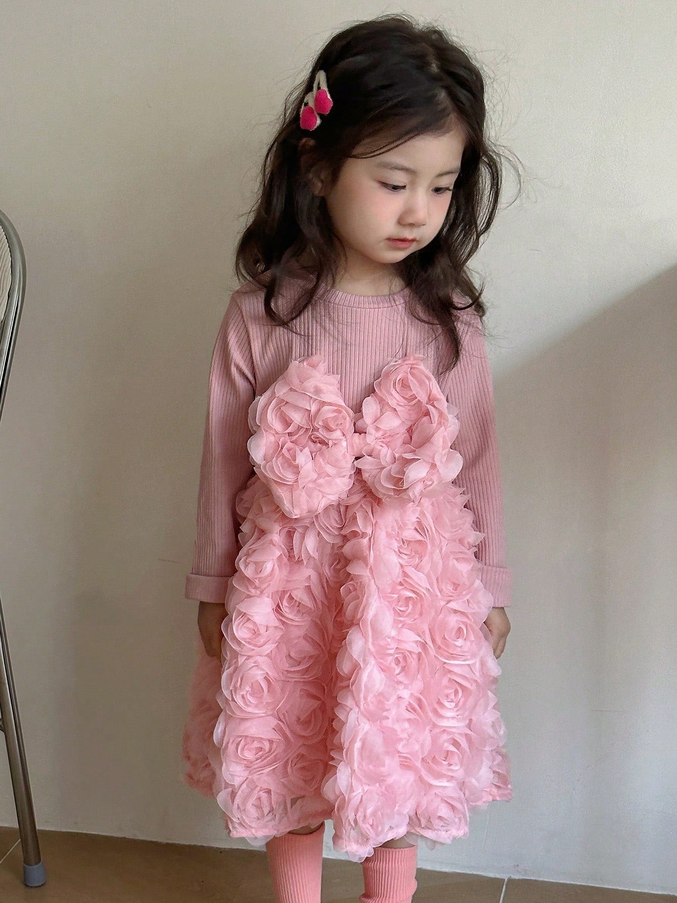 Young Girl'S Long Sleeve Dress with 3D Flower Detail