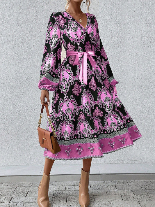 Full Printed V-Neck Lantern Sleeve Dress with Waist Belt