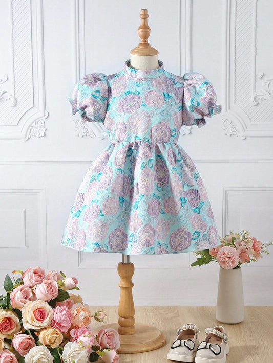 SHEIN Kids Nujoom Girls' Elegant Printed Dress with a Charming Temperament, Summer