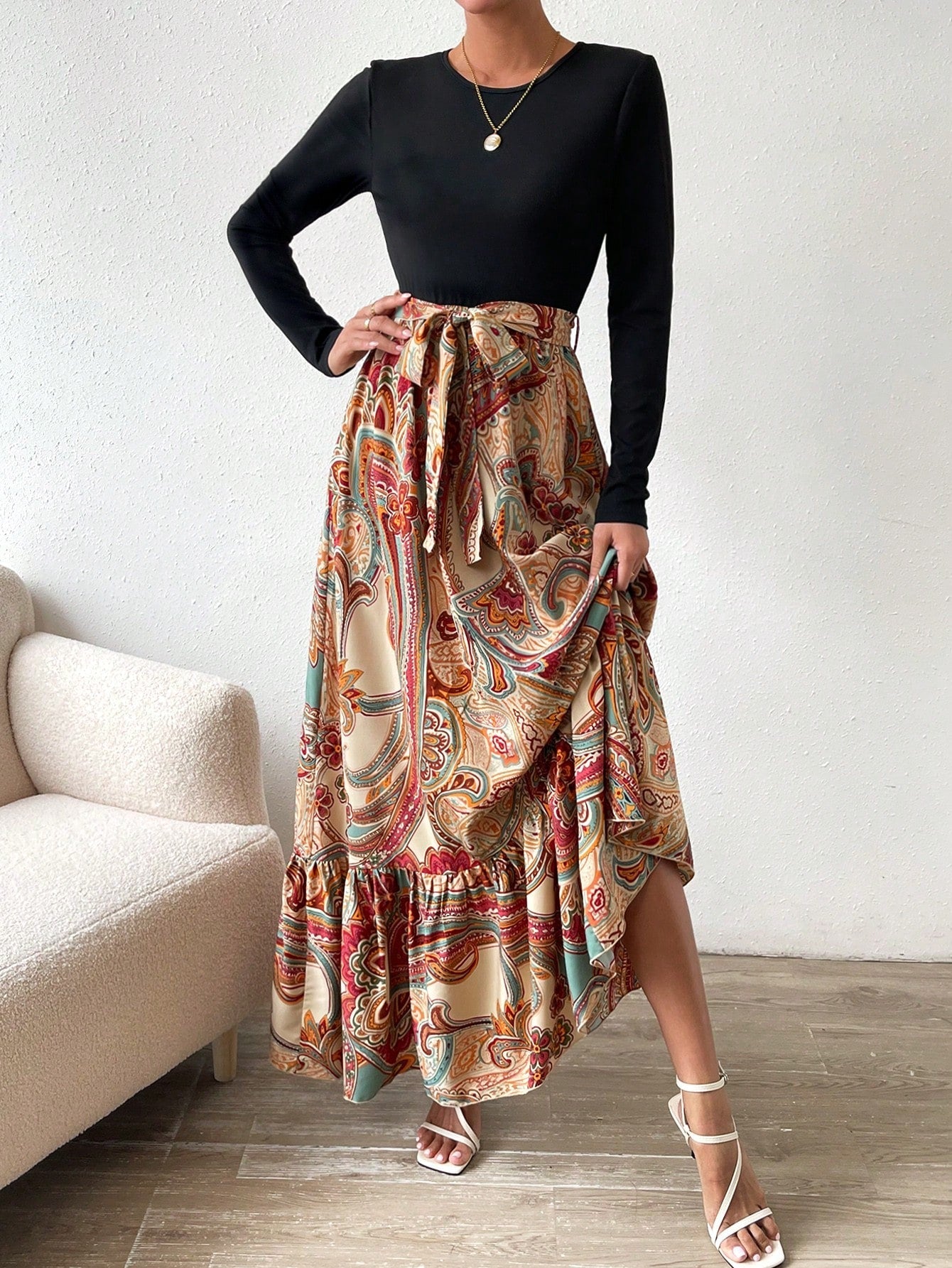 SHEIN VCAY Paisley Print Ruffle Hem Belted Dress