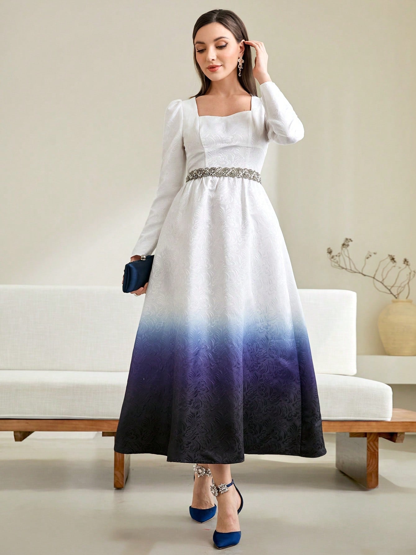 SHEIN Modely Ombre Print Sweetheart Neck Gigot Sleeve Dress without Belt