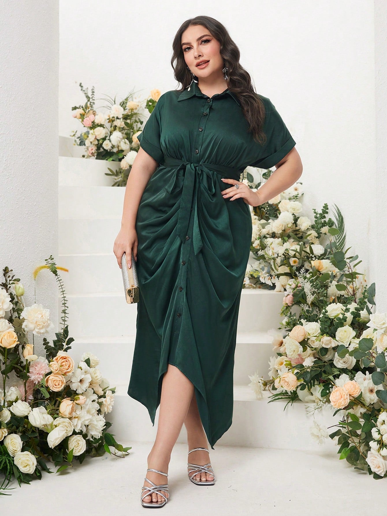 SHEIN Modely plus Batwing Sleeve Ruched Belted Shirt Dress