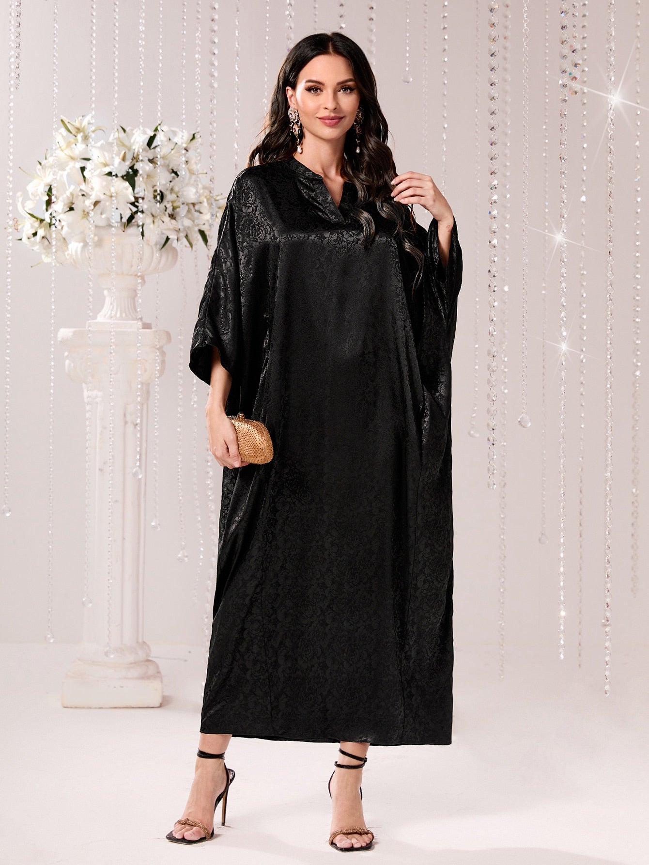 SHEIN Najma Jacquard Notched Batwing Sleeve Kaftan