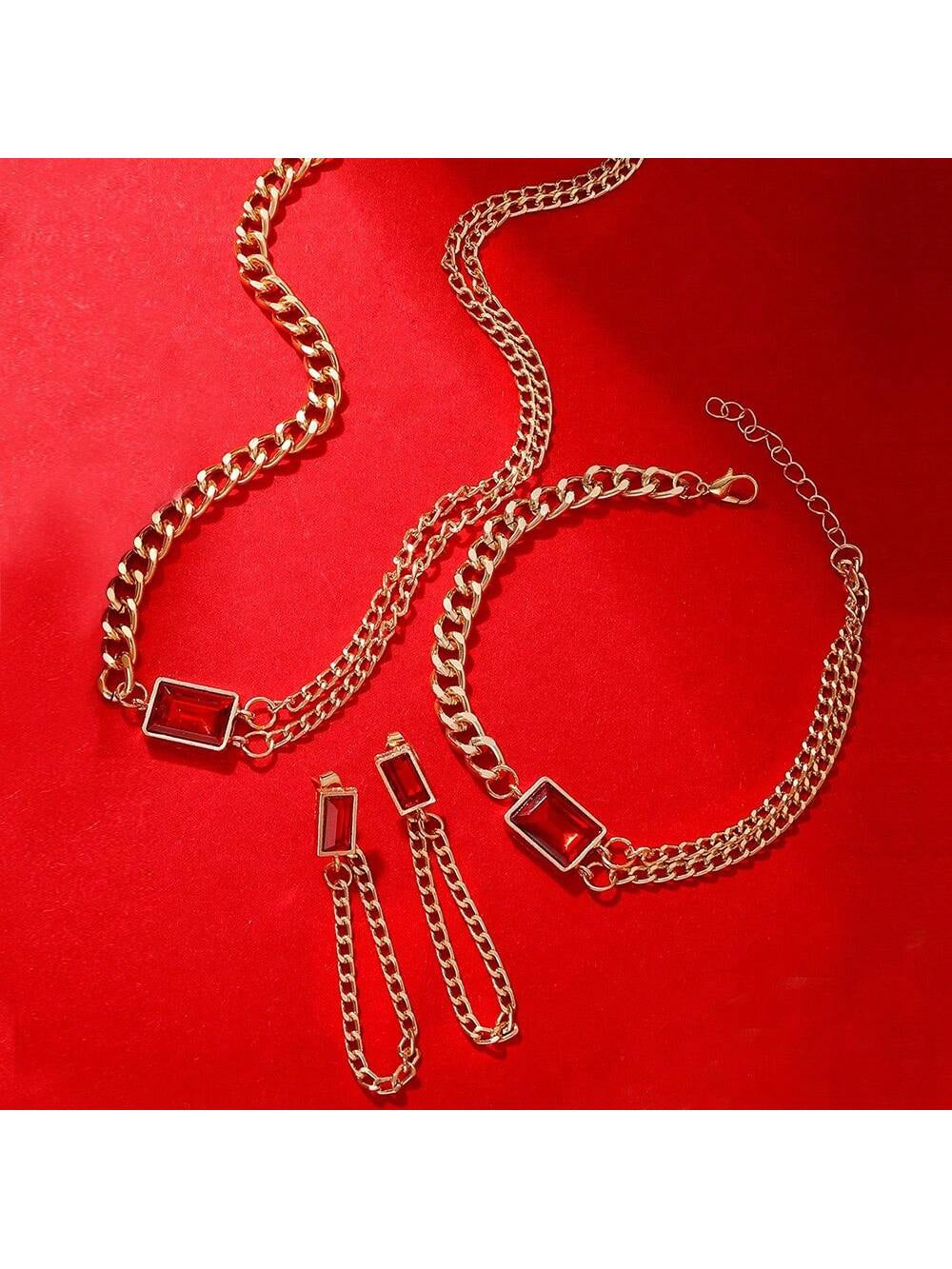 4Pcs/Set Women'S Exquisite Double Layered Necklace, Bracelet, Earrings Set