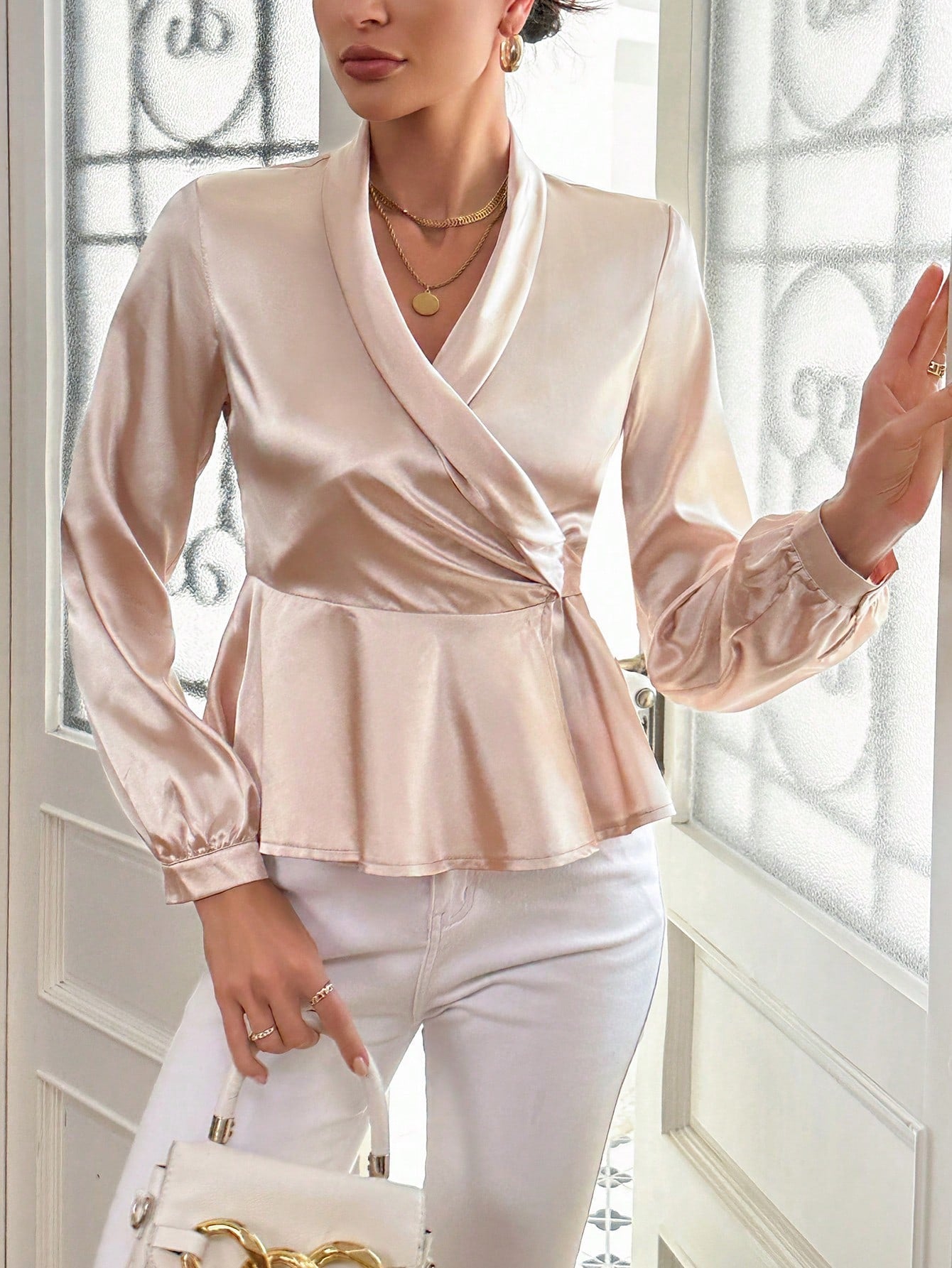 SHEIN Privé Solid Color Shawl Collar Wrap Back Tie-Up Shirt