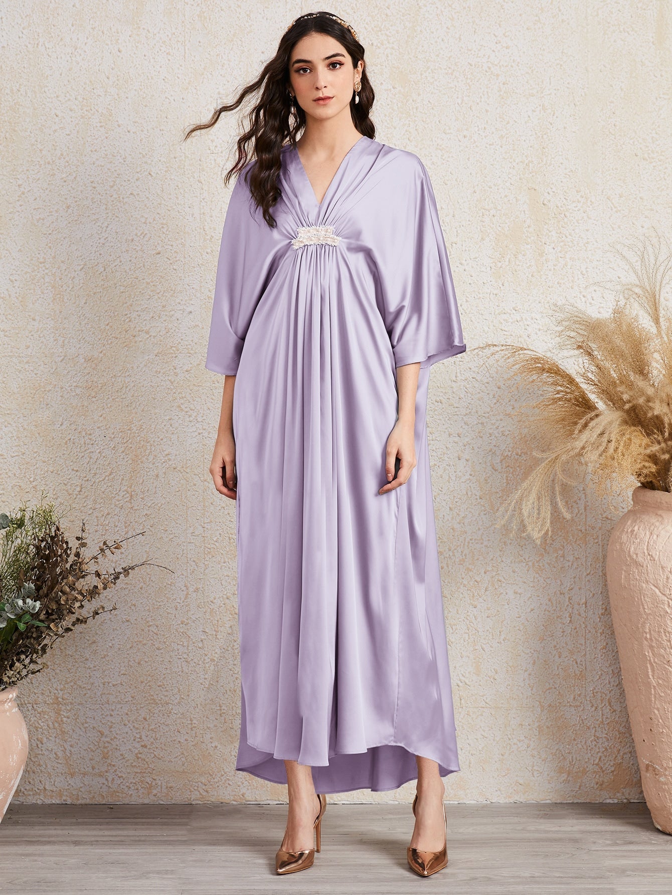 SHEIN Najma Batwing Sleeve Pearl Tape Front Satin Dress