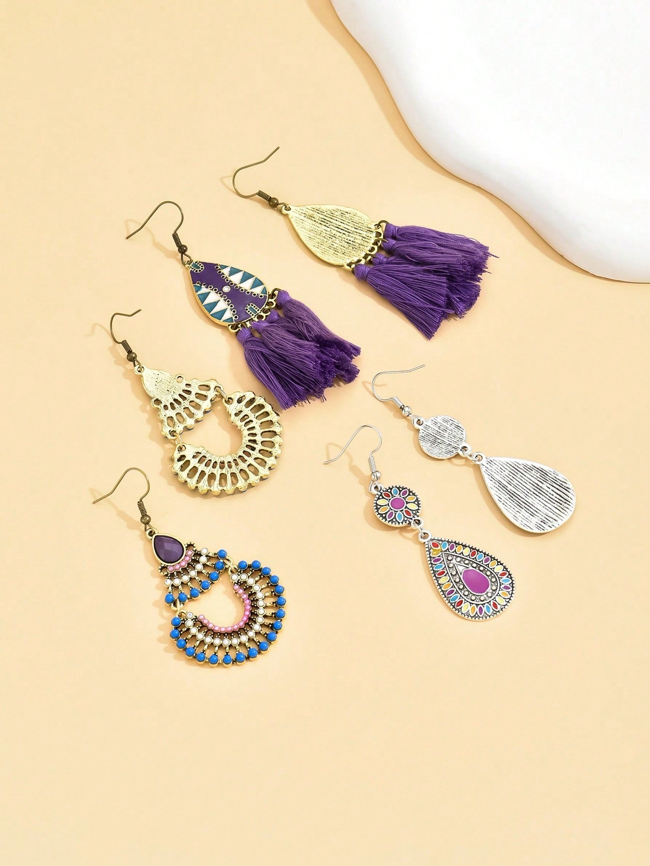 6Pcs/Set Vintage Tassel Combination Earrings for Women Bohemian Style Irregular Vacation Ear Jewelry